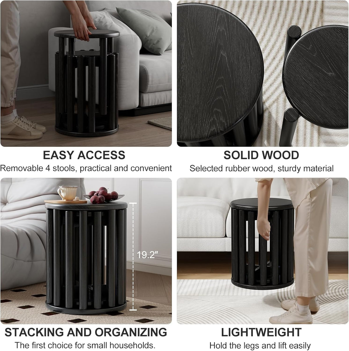 Stackable Stools Set of 4,Wood Stool,18 Inch Stool,Stacking Stools,Nesting Table,Sturdy and Durable,No Installation Required,Top Stackable Round Side Table (Black Barstool)
