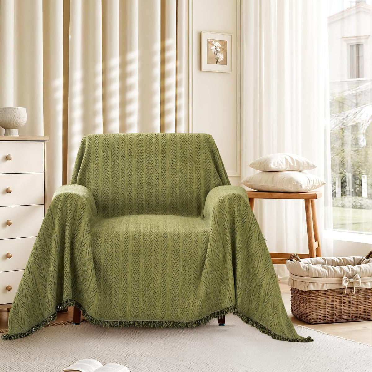 Nobildonna Sofa Chair Cover Waterproof Soft Thicken Chenille Cushion Couch Cover with Tassels,Washable Sofa Slipcovers for Armchair Recliner Sectional Furniture Protector, Green 71"x71"