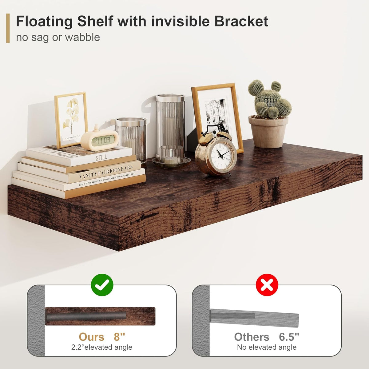 Heimlove Bathroom 12'' Deep Floating Shelves for Wall - Shelf Over Toilet Wall Mounted Farmhouse 24 inches,Wood Floating Shelves Decor & Storage Set of 1,Rustic Brown