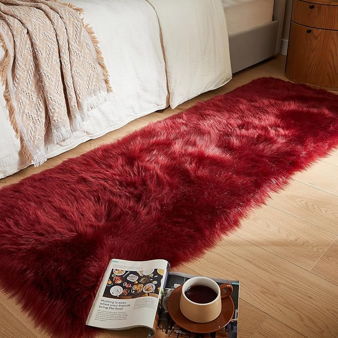 AMTOVO Faux Fur Rug, Burgundy Ultra Soft Fluffy Shag Sheepskin Rug, 2 x 6 ft
