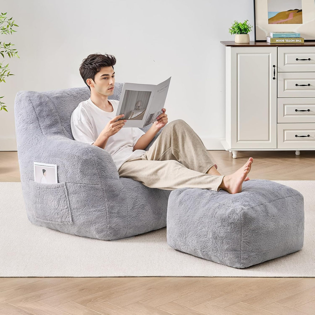 Giant Bean Bag Chairs for Adults with Ottoman, Faux Fur Boneless Chaise Couch Filler with Memory Foam,Large BeanBag Lounge Lazy Floor Sofa Accent Chair for Living Room,Bedroom & Game Rooms