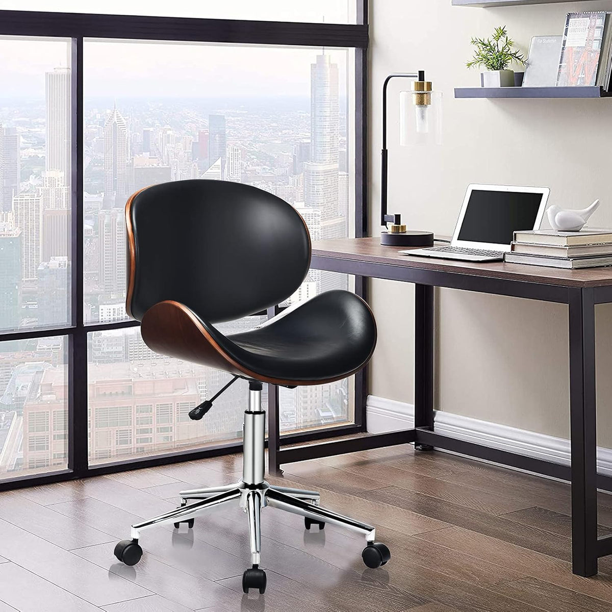 C-CHAIN Adjustable Modern Mid-Century Office Chair with Curved Seat/Back, Swivel Executive Chair, Rolling Computer Chair, Bent Wooden Accent Office Chair for Home and Office