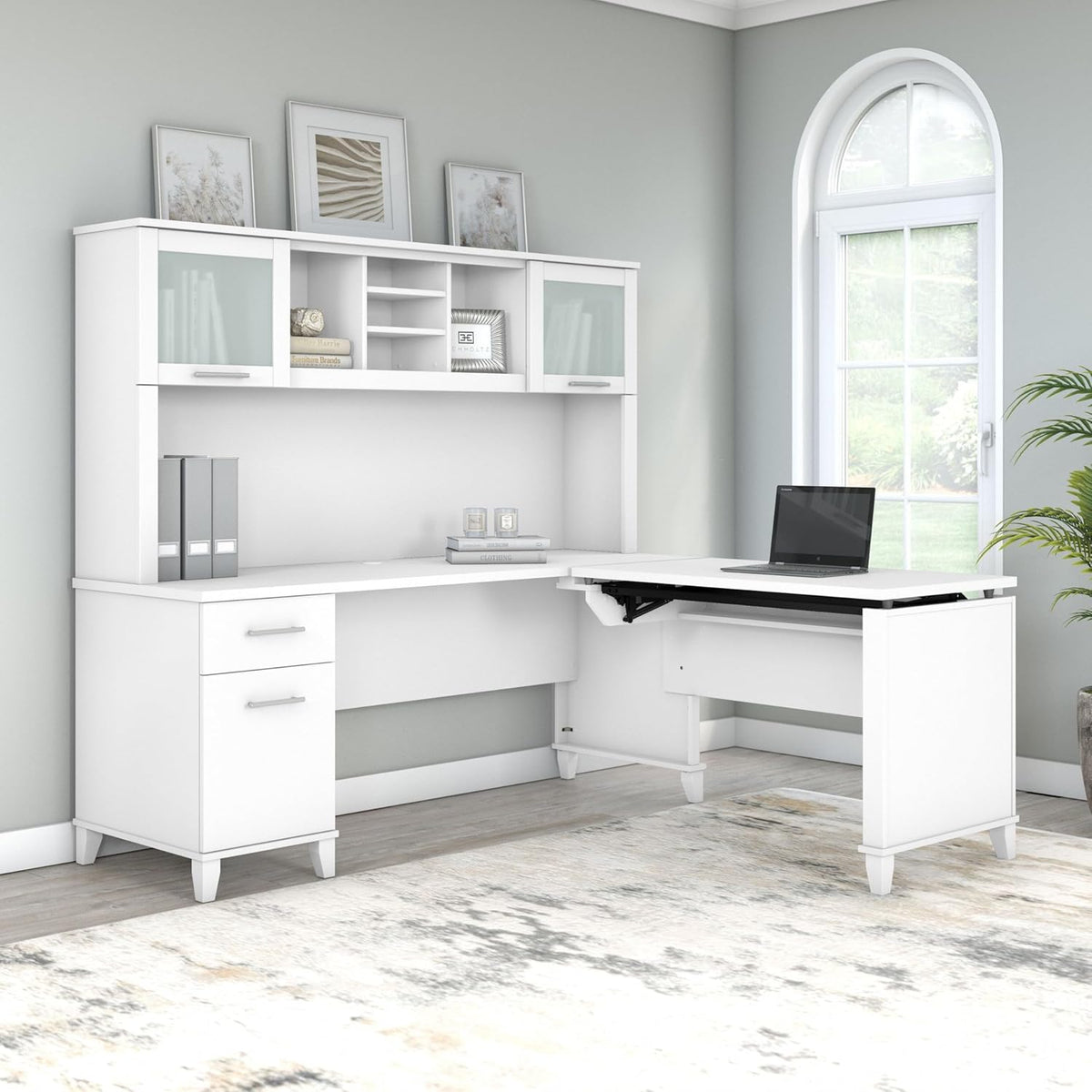 Bush Furniture Somerset 72W 3 Position Sit to Stand L Shaped Desk with Hutch in White