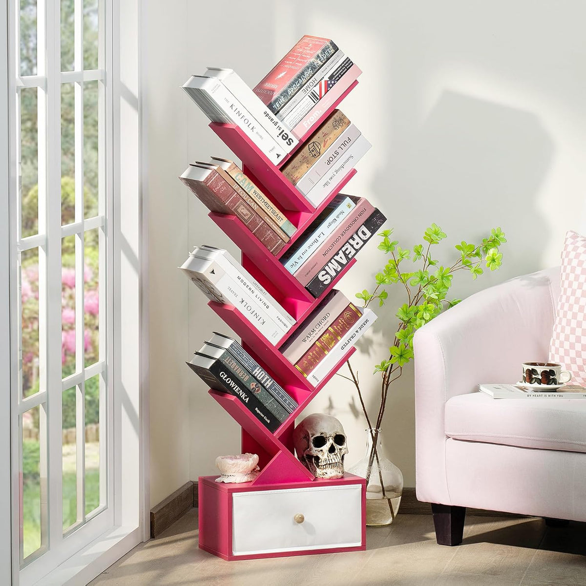 8 Tier Tree Bookshelf with Drawer, Free Standing Wood Bookcase for Narrow Space, Storage Organizer Bookshelves for Books, Book Case for Home Office, Living Room, Bedroom - Pink