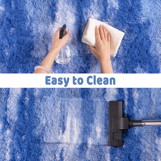 Soft Runner Rugs for Bedroom Hallways, 2x4 Abstract Blue White Fluffy Shag