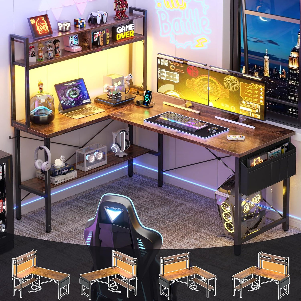 Aheaplus L Shaped Desk Gaming Desk, 59" L Shaped Computer Desk with LED Light & Power Outlet, Reversible Home Office Desk Gamer Desk with Shelves & Storage Bag & Hooks, Corner PC Desk, Rustic Brown