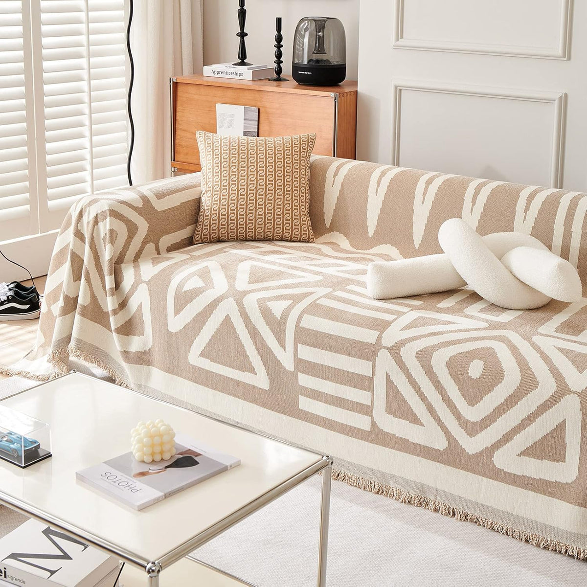 VM VOUGEMARKET Sectional Couch Cover for 3 Cushion Geometric Pattern Chenille Sofa Cover Dog Proof Universal Sofa Slipcover L Shaped Sofa Furniture Protector with Tassels-71 x 134,Khaki