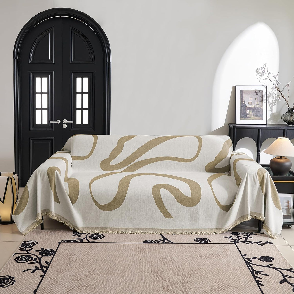 MYSKY HOME Couch Cover for 3 Cushion Couch Sofa Cover, Super Soft Boho Couch Covers for Dogs Washable, Jacquard Sofa Slipcover Furniture Protector for Living Room, 91" x 150", Khaki Curve