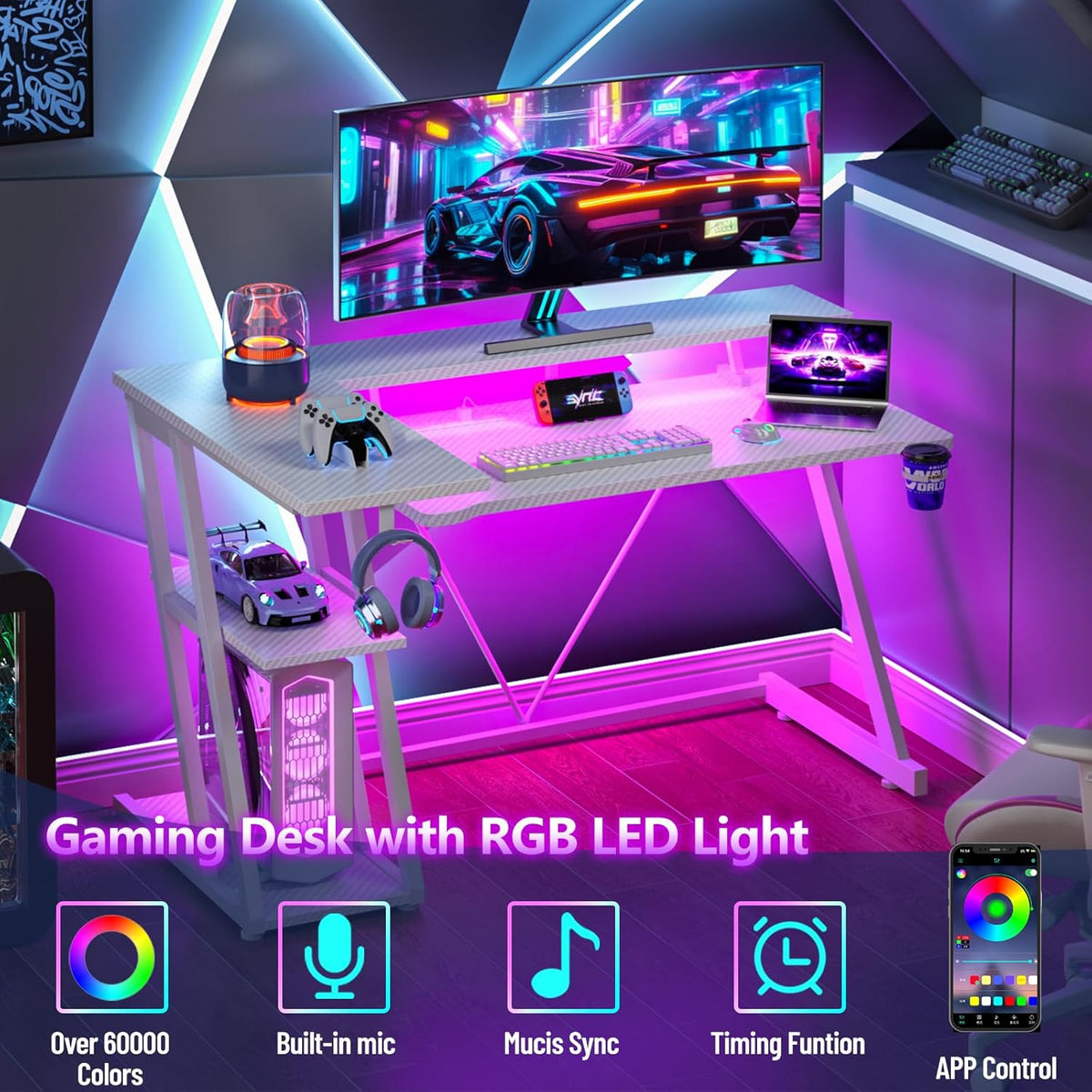 47 Inch White Gaming Desk with Power Outlet & LED Lights, Corner Computer Desk with 3 Tiers Storage Shelves, L Shaped Gaming Desk with Monitor Stand for Bedroom