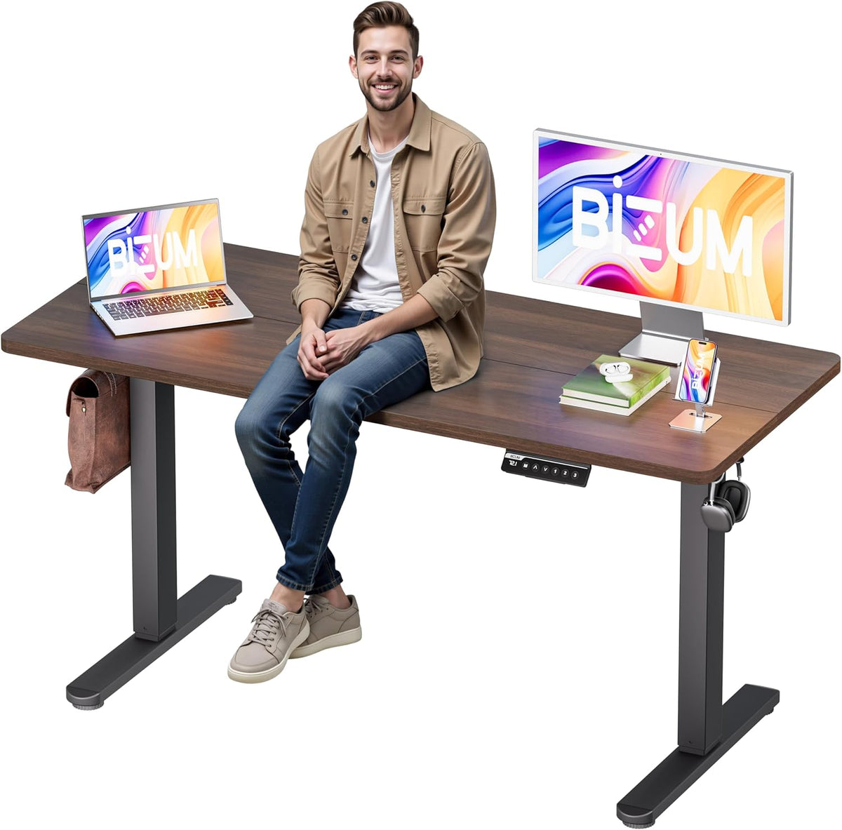 BIZUM Electric Standing Desk, 55x24 inches Height Adjustable Desk, Sit to Stand Desks Memory Gaming Computer Workstation for Home Office, Dark Walnut