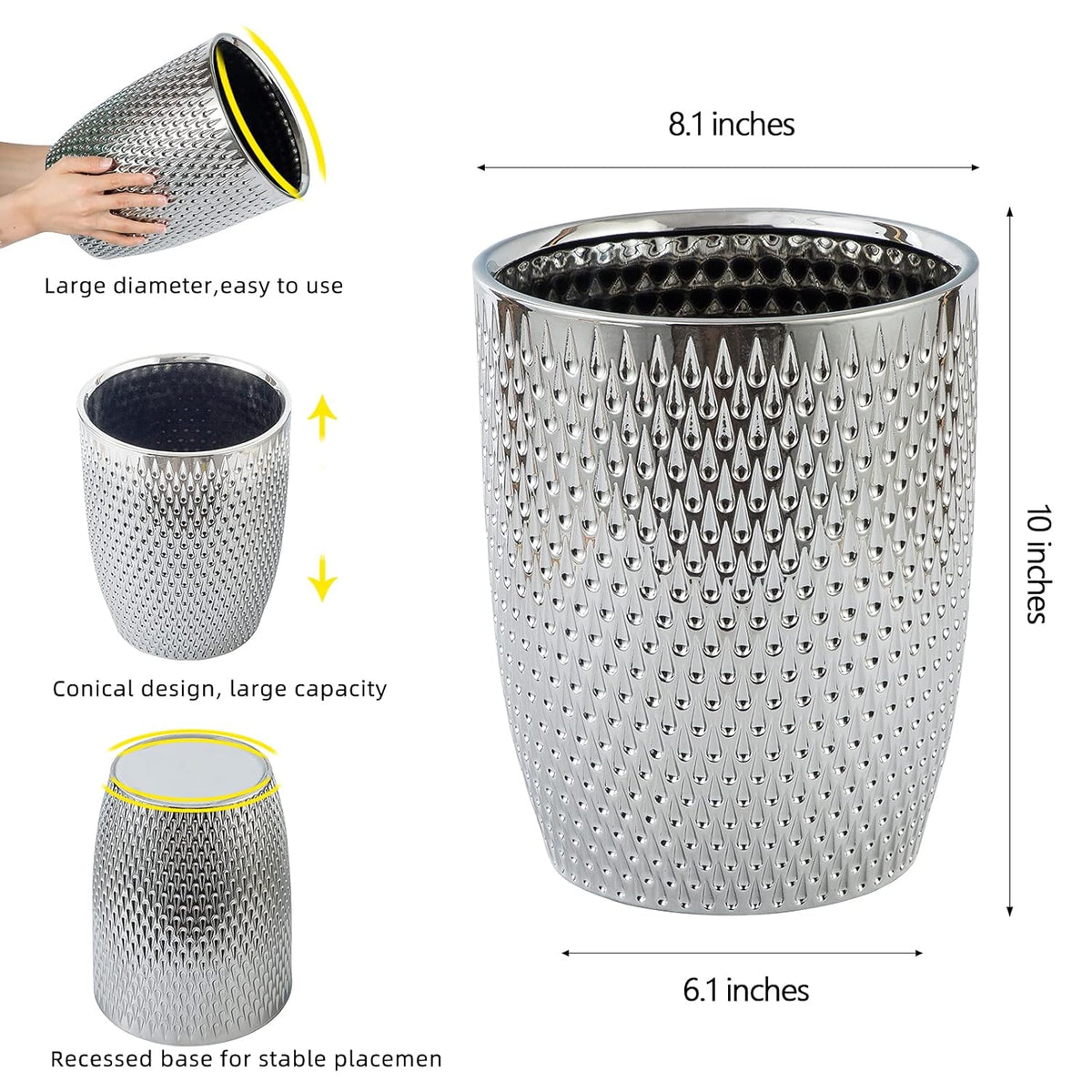 Modern Round Silver Small Trash Can Wastebasket, Garbage Container Bin for Bathrooms, Powder Rooms, Kitchens, Home Offices - Durable Ceramics - Round