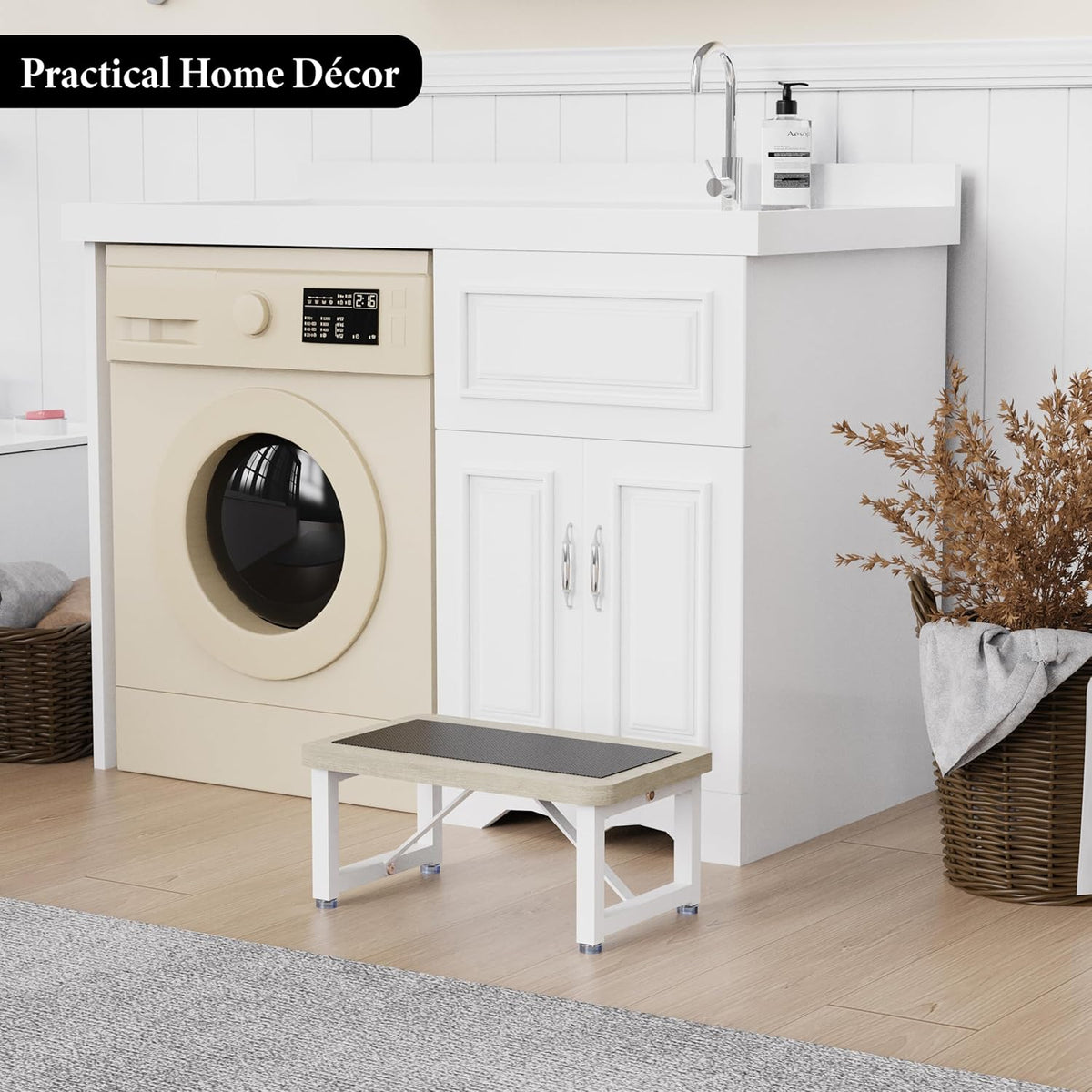 One Step Stool, Wooden Foot Stool for Adults, Heavy Duty Small Stepping Stool for High Bed, Kitchen Counter, Natural