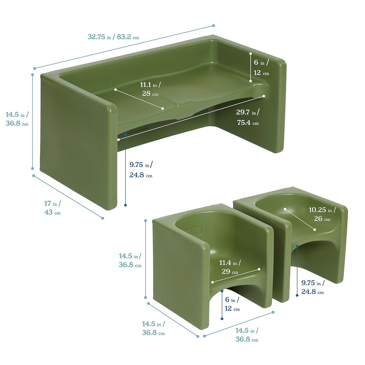 ECR4Kids Tri-Me Table and Cube Chair Set, Multipurpose Furniture, Hunter Green, 3-Piece
