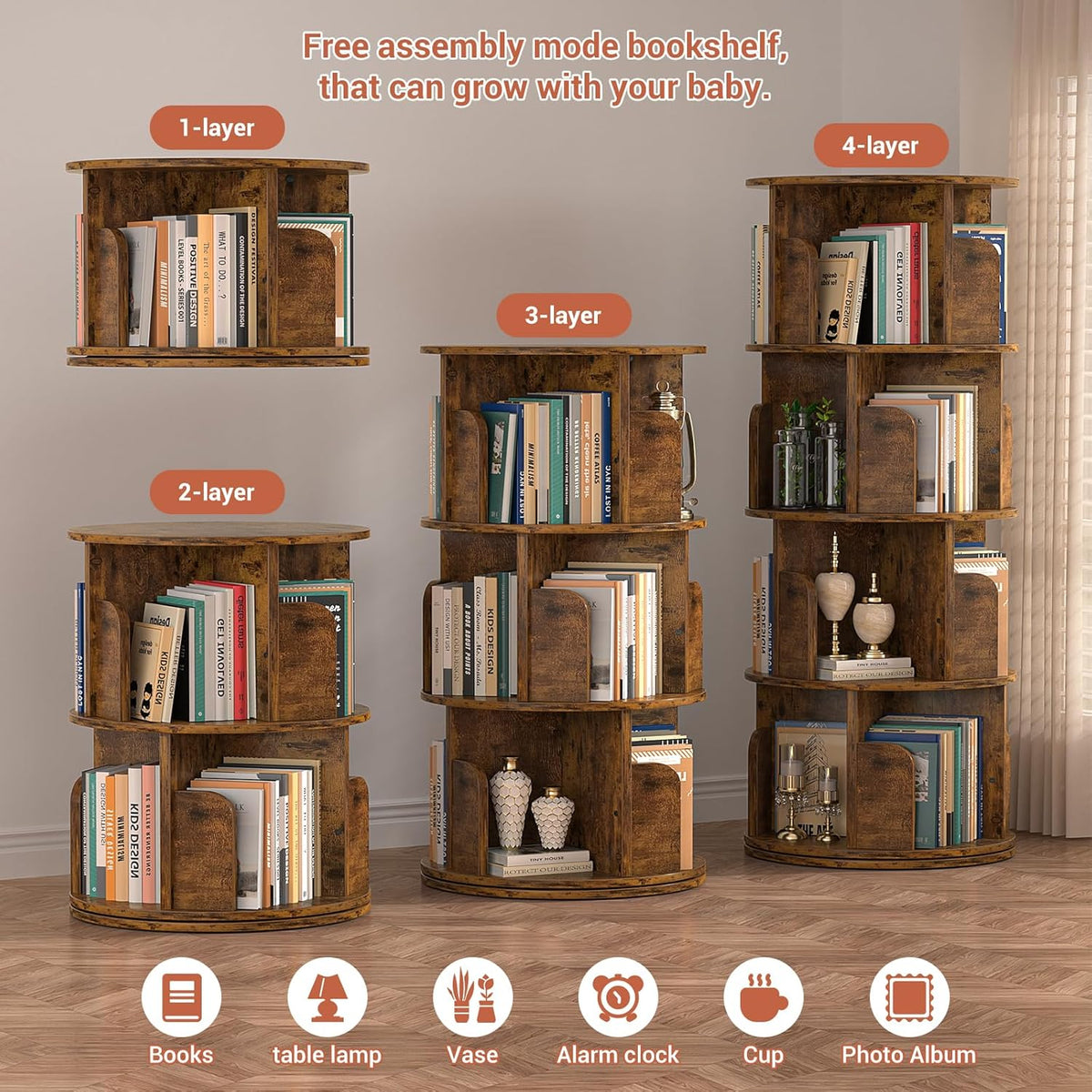 Rotating Bookshelf, Corner Bookshelf, 360 Display Wood Spinning Bookcase Storage Rack, Floor Standing Revolving Bookcase Narrow Book Shelf Organizer for Small Space, Bedroom, Rustic Brown