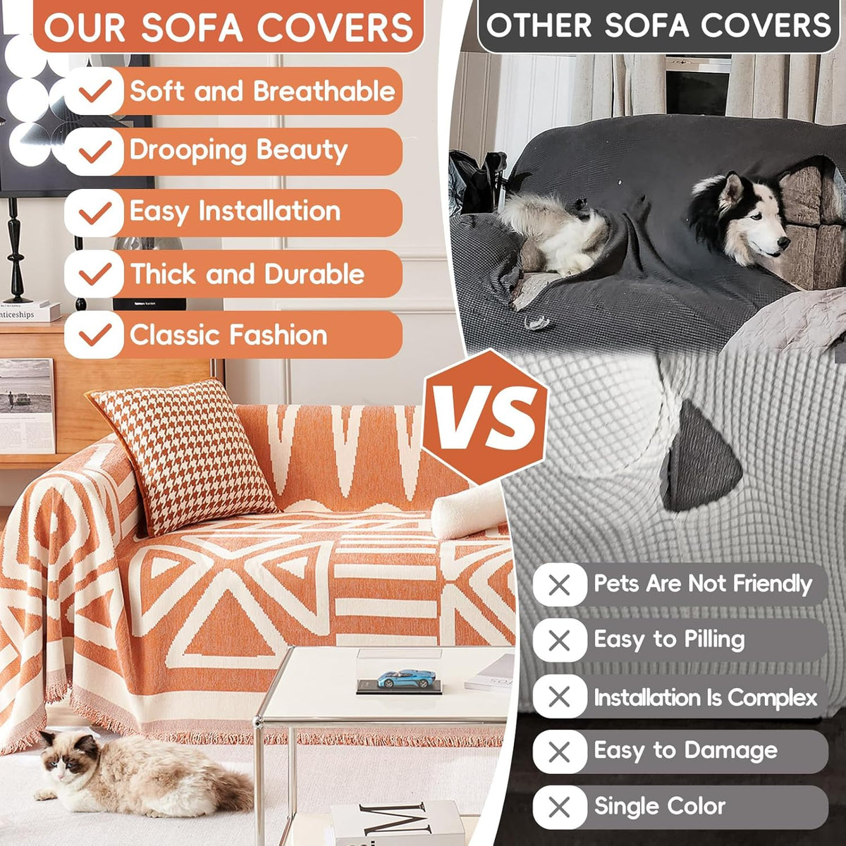 STACYPIK Soft Thick Boho Orange Loveseat Sofa Covers Modern Geometric Couch Cover for 1 Cushion Couch Reversible Pet-Friendly Protector Covers with Tassels Washable Caramel Sofa Throw Covers-71X71IN