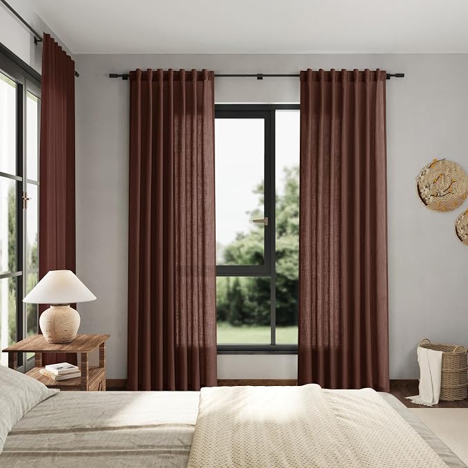 Rustic Brown Linen Curtains 84 Inch Length 2 Panels Set