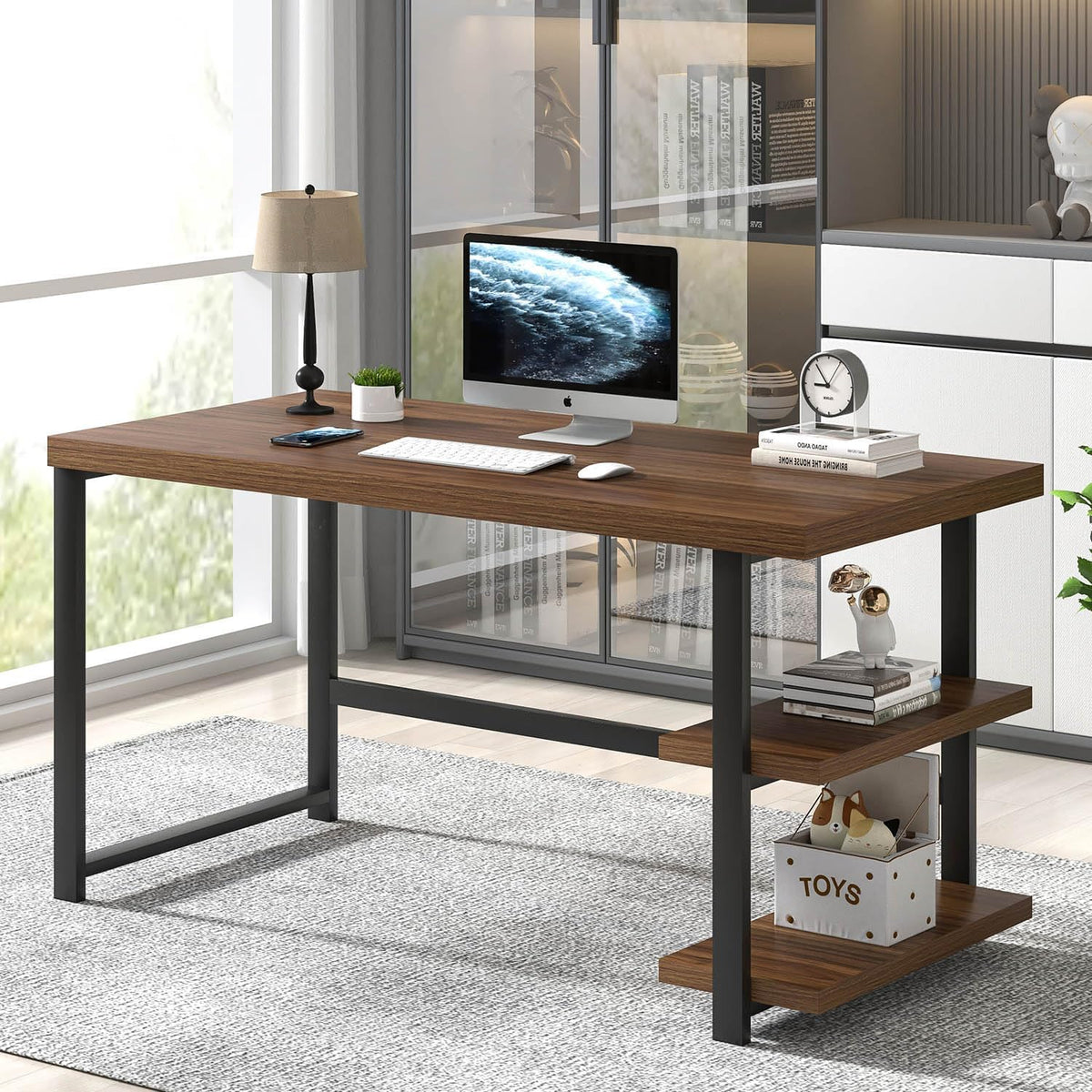 FOLUBAN 47 Inch Computer Desk, Small Home Office Desk with Storage Shelves, Industrial Writing Study Gaming Table Workstation for Living Room Bedroom, Rustic Walnut