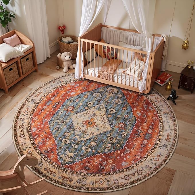 SERISSA Boho Round Area Rug, 4ft Washable Non-Slip Circle Rug, Ultra Soft