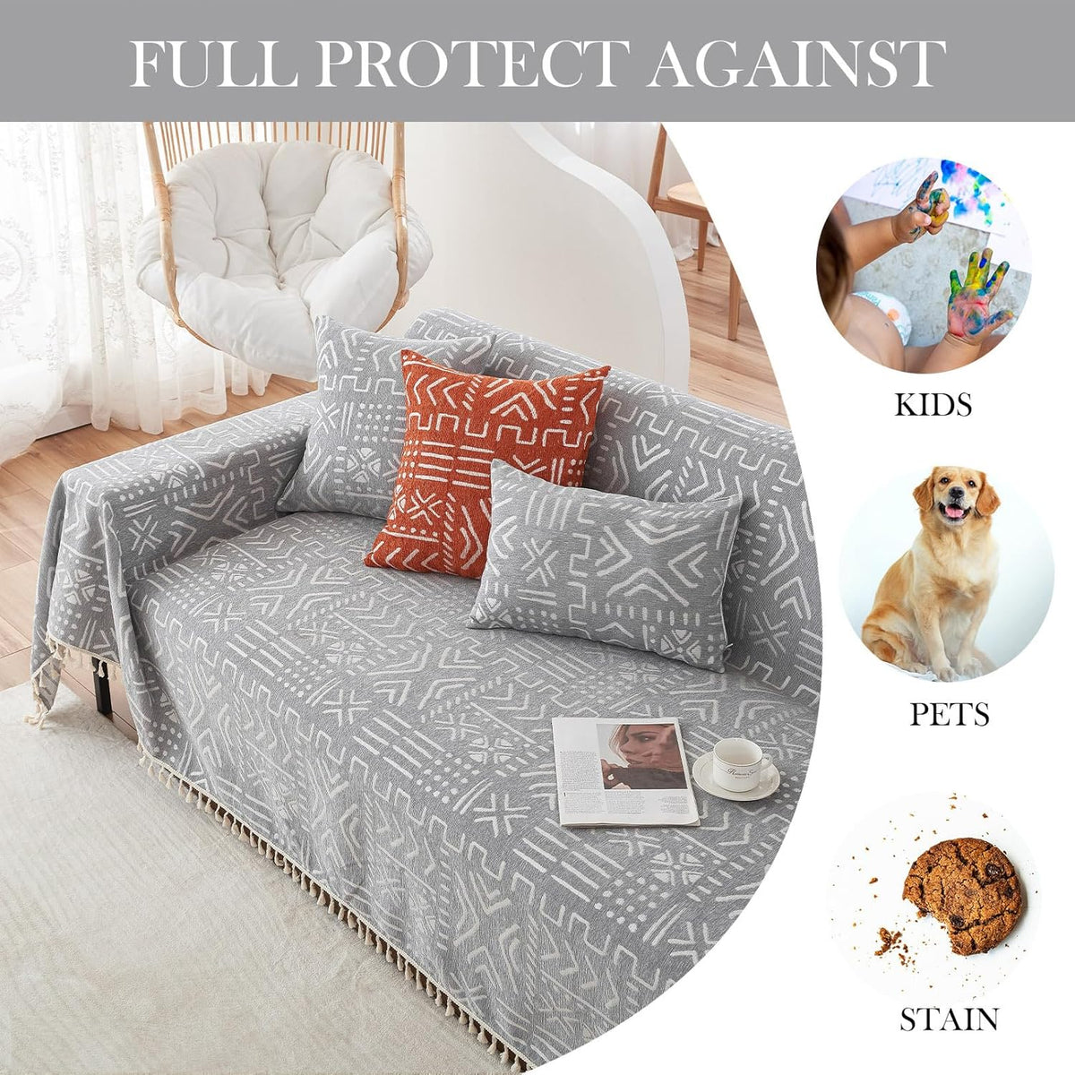 HANDONTIME Bohemian Grey and White Couch Cover for Dogs Aztec Tribal Sofa Covers for 3 Cushion Couch Aesthetic Tassel Couch Slipcover Sofa Seat Cover Universal Loverseat Cover Futon Cover, 71" X150"