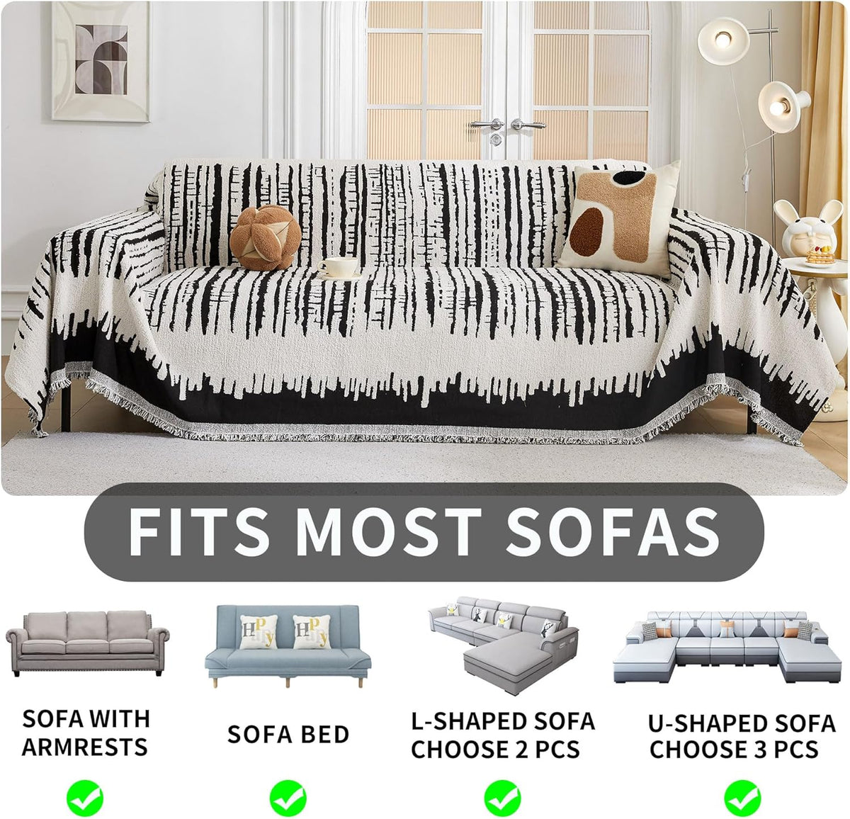 HAOMAIJIA Boho Sofa Covers Couch Covers for 3 Cushion Couch Sofa Pet Friendly Soft Thick Non Slip Couch Cover for Dogs Washable Sectional Couch Covers L Shape Furniture Protecto (XF-Black, 71"x134")