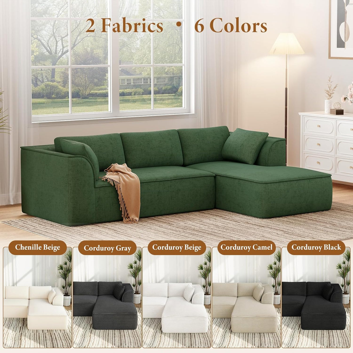 Vesgantti 106" Cloud Sectional Couch with Chaise, Deep Seat Modular Sectional Sofa Chenille Memory Foam Sofa Boneless Couches for Living Room Bedroom, No Assembly Required (Green, Right-Facing Chaise)