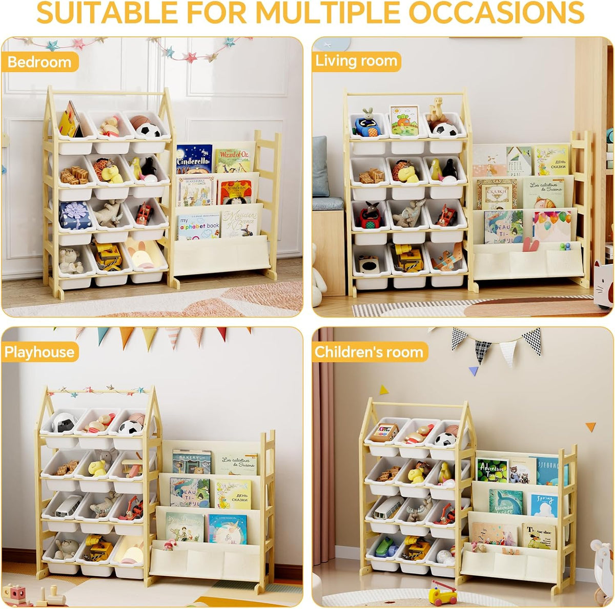 Wooden Toy Storage Organizer Kids Bookshelf, with 12 Toy Organizer Bins, Child Book Shelf for Kids Rooms, Nursery, Baby Room, Playroom, Montessori Toys Storage Organizers Rack Bookcase Shelves