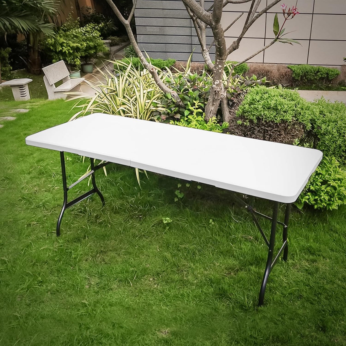Athena Collection 6 ft Square Folding Dining Table, Large Plastic Foldable Table Portable with Carry Handle, Heavy Duty Fold-in-Half Utility for Indoor Outdoor Party Camping Picnic, White
