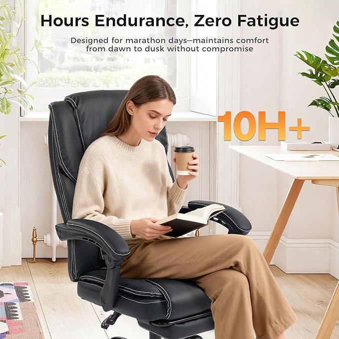 Office Chair with Footrest, Executive Breathable Leather Office Desk Chair with Lumbar Support - Ergonomic Comfy Wide Reclining Swivel Rolling Gaming Computer Chair with Adjustable 90-135° High Back