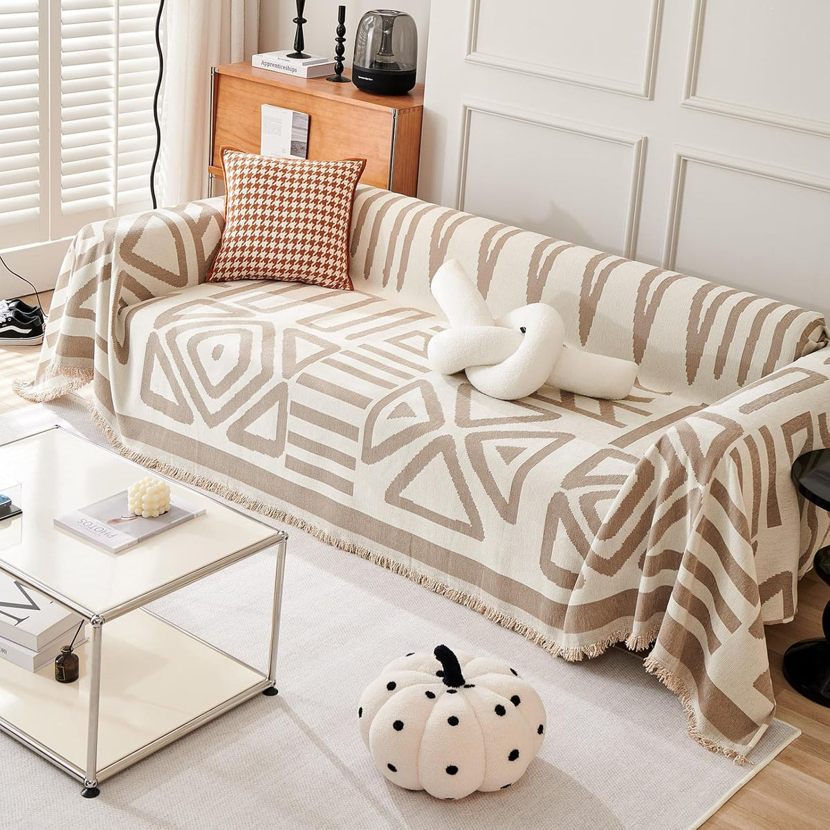 VM VOUGEMARKET Sectional Couch Cover for 3 Cushion Geometric Pattern Chenille Sofa Cover Dog Proof Universal Sofa Slipcover L Shaped Sofa Furniture Protector with Tassels-71 x 134,Khaki