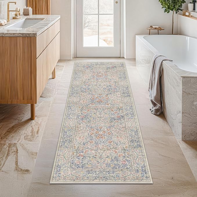 Hazo Haus Non Slip Beige Blue Hallway Runner Rug