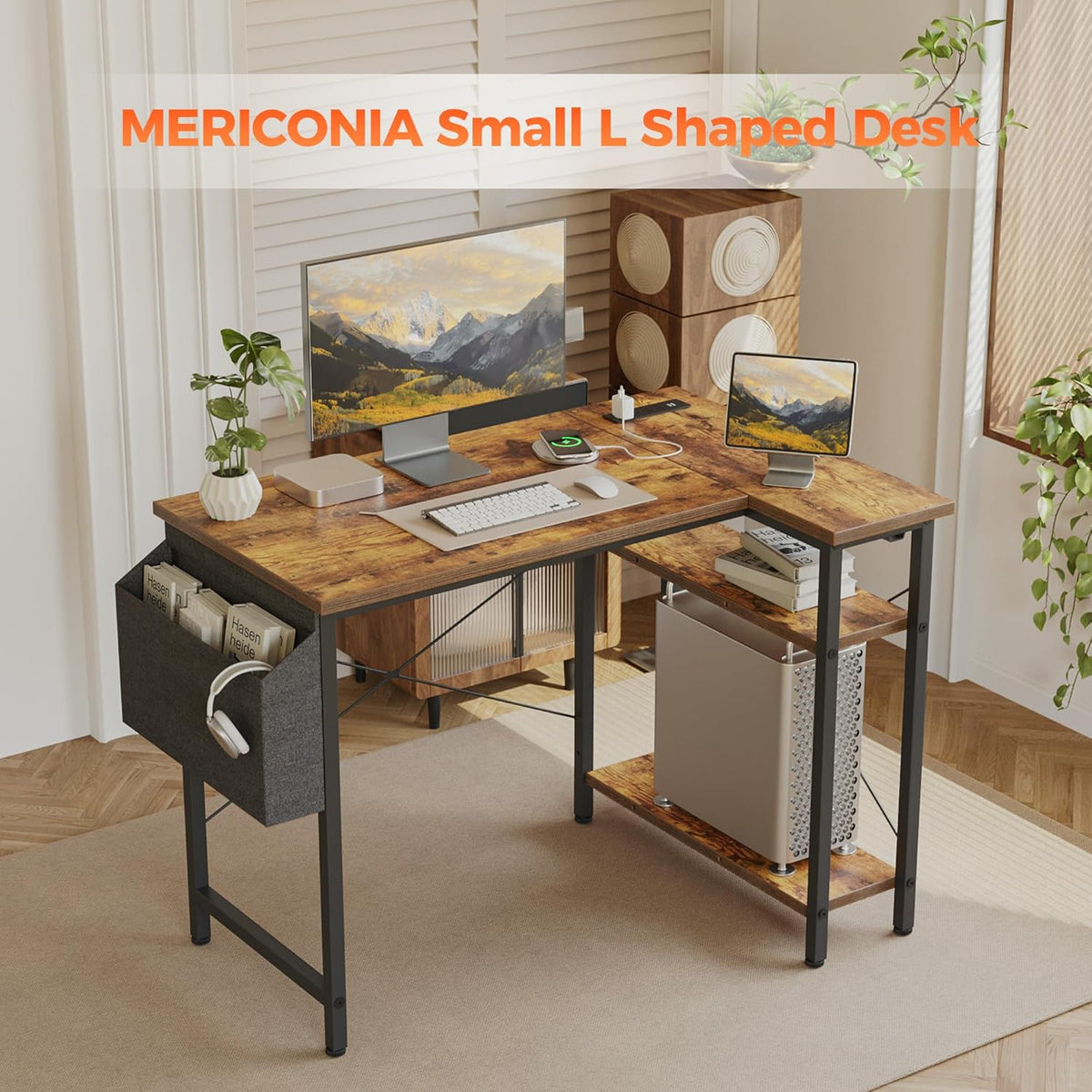 Small L Shaped Computer Desk with Power Outlets, Gaming Desk for Small Spaces, Corner Desk with Reversible Storage Shelves, Study Writing Table for Home Office (Socket, Rustic Brown, 40 inch)