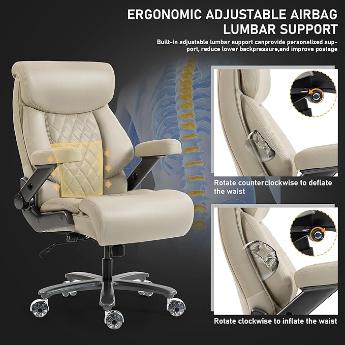 DYHOME 700LBS Heavy Duty Office Chair with 4d Armrest, Big and Tall Office Chair, Ergonomic Computer Chair with Airbag Lumbar Support, Wider Thicker Seat Cushion, PU Comfy Office Desk Chairs, Beige