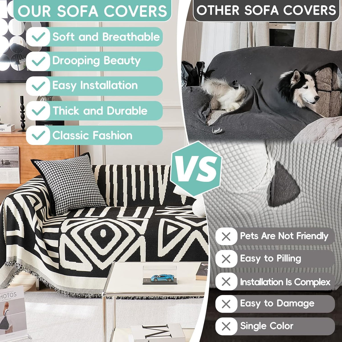 STACYPIK Durable Boho Couch Cover for Dog Anti-Scratch Black White Triangle Sofa Cover for 2 Cushion Couch Anti Slip L Shaped Couch Cover Reversible Loveseat Covers Multi-Use Sofa Throw Cover-91X118IN