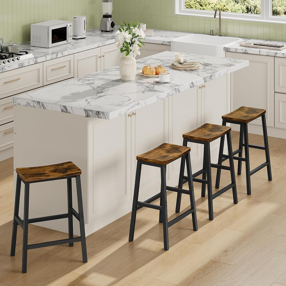 HOOBRO Bar Stools Set of 4, Counter Height Bar Stools, 23.6'' Bar Chairs, Saddle Stools with Footrests, Industrial Barstools for Dining Room, Kitchen, Bar, Rustic Brown and Black BF02MDP401
