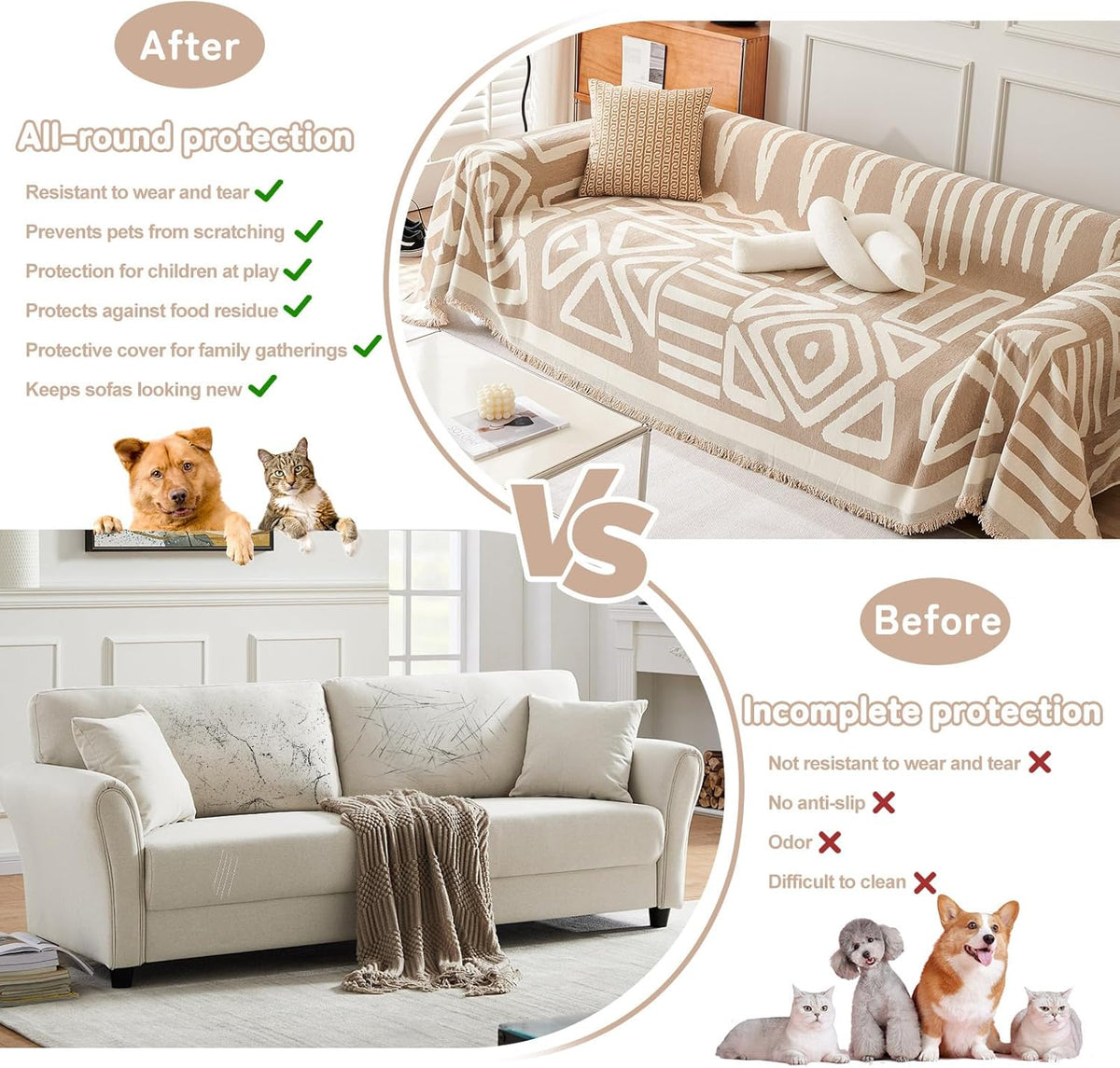 HANDONTIME Sofa Covers for Sectional Sofa Boho Couch Cover for Dogs Khaki Throw Couch Cover with Tassel Loveseat Covers Futon Cover L Shaped Cover Washable Chenille Couch Protector, 91" X150"