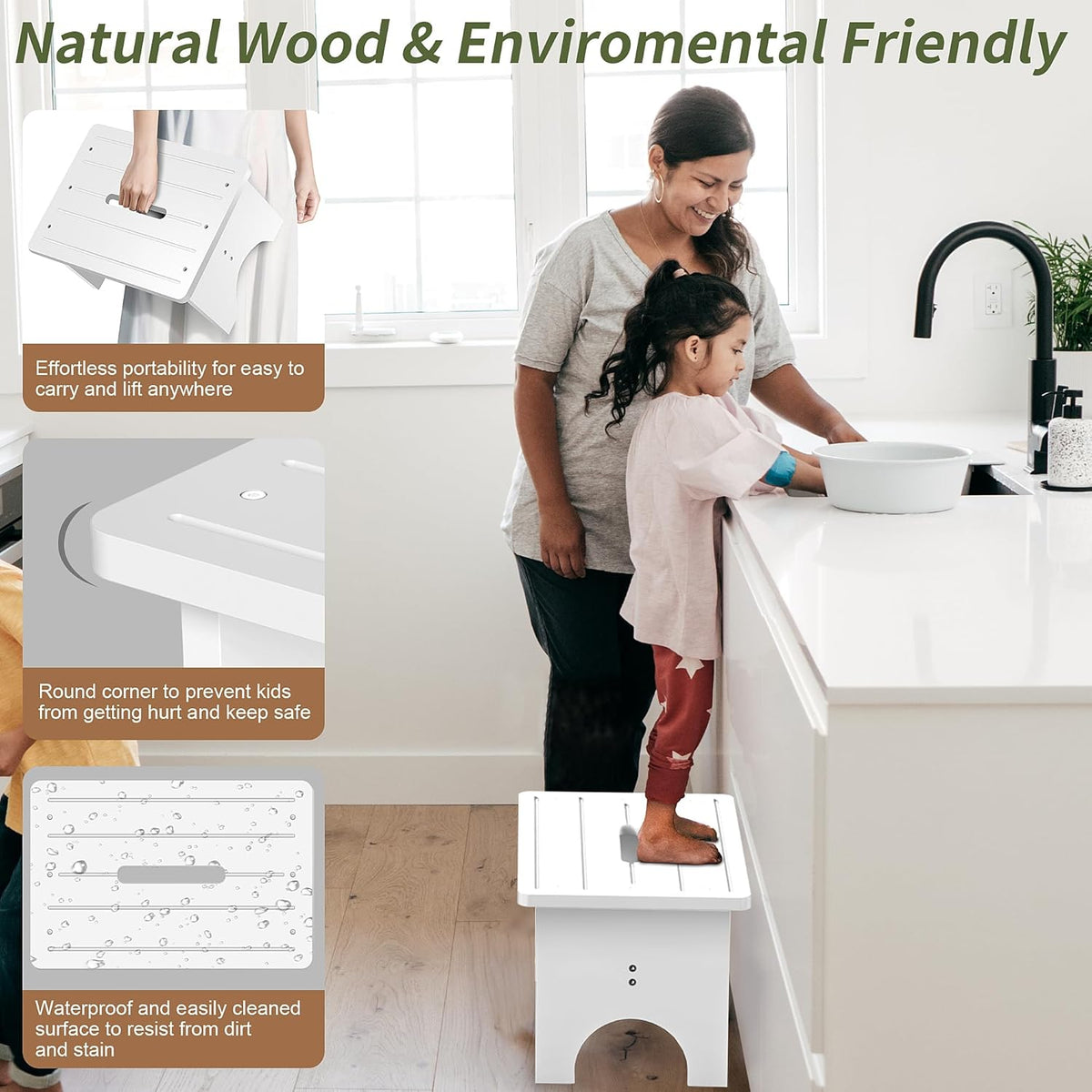 Wooden Step Stool for Adults, 9" Portable Wood Step Stool for Kids, Heavy Duty One Step Bedside Stool with 550 Lbs Load Capacity, Non-Slip White Foot Stool for Kitchen Bathroom Bedroom