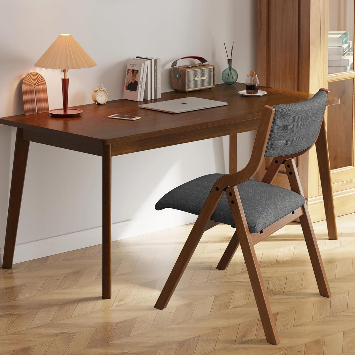 Ball & Cast Upholstered Folding Chairs Set of 2 with Ergonomically Designed Back and Solid Wood Frame, for Dining Room and Office,Indoor and Outdoor Events,Space Saving,Dark Grey+Walnut