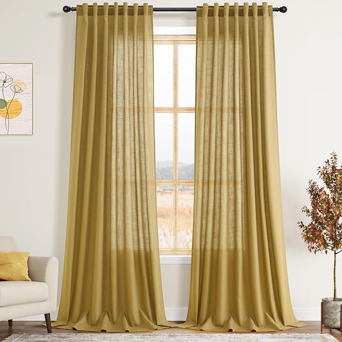 Nanspring Gold Linen Curtains 102 Inches Long Rod Pocket Back Tab Drapes 2