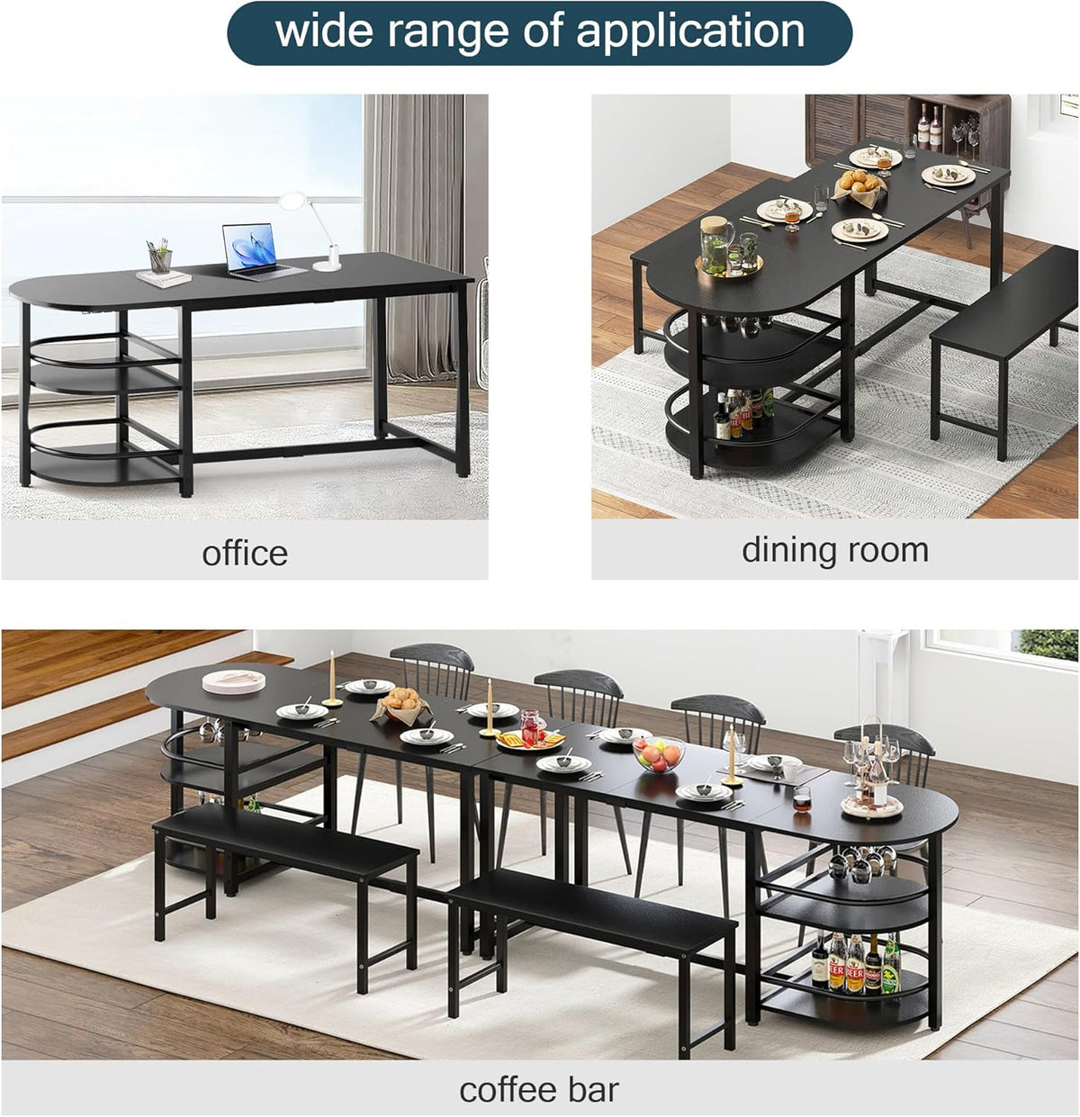 soges Dining Table for 4-6 Person, 71 inch Long Kitchen Dining Table for Living Room and Dining Room, Dinner Table with Storage Shelf & Cup Holder, Metal Legs(Only Table), Black