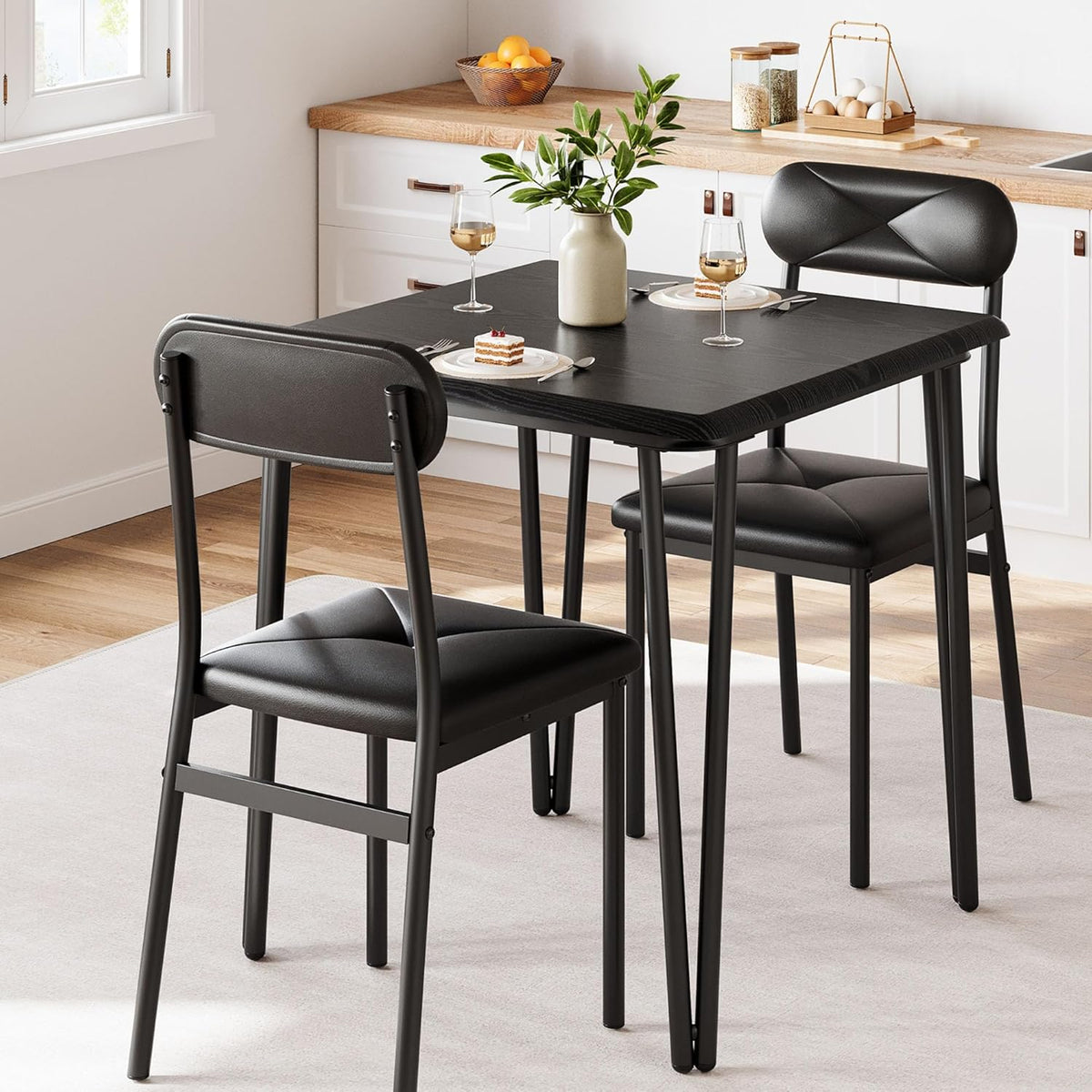 IDEALHOUSE Dining Table Set for 4, Kitchen Table with Upholstered Chairs for Kitchen Room and Small Spaces (Black, Table with 2 Upholstered Chairs)