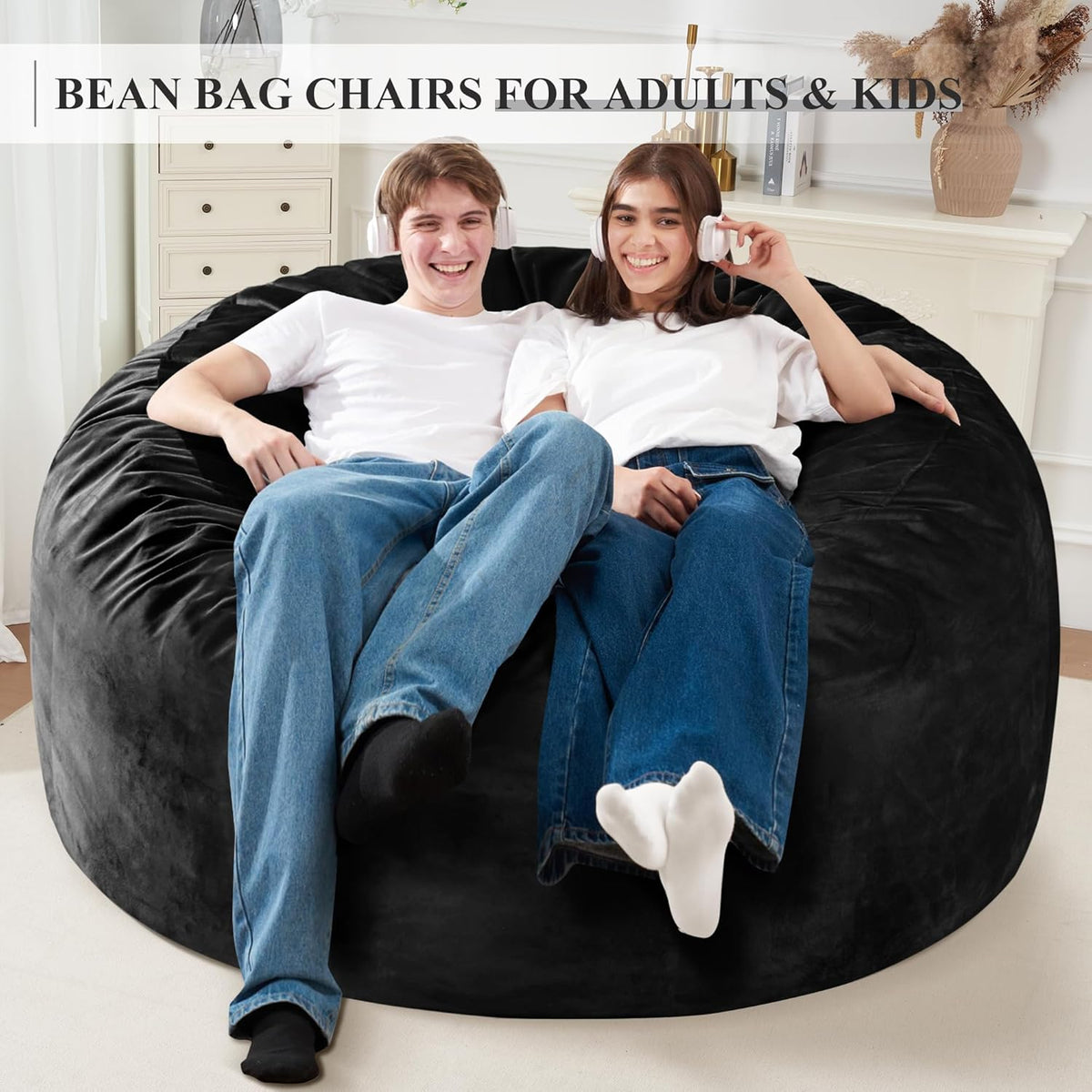 Homguava 5FT Bean Bag Chair Giant BeanBag with Memory Foam Filled, Comfy Bean Bag Chairs for Adults, Adult Bean Bag Chair with Dutch Velvet Cover for Living Room Bedroom-Black