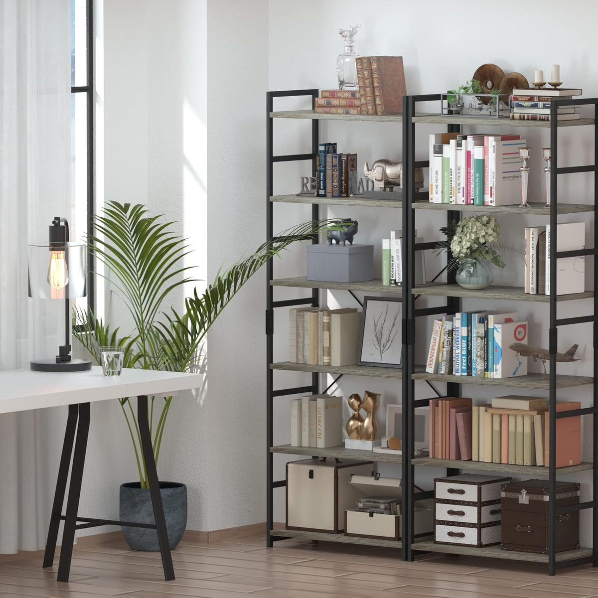 NUMENN 6 Tier Bookshelf, Tall Bookcase Shelf Storage Organizer, Modern Book Shelf for Bedroom, Living Room and Home Office, Grey