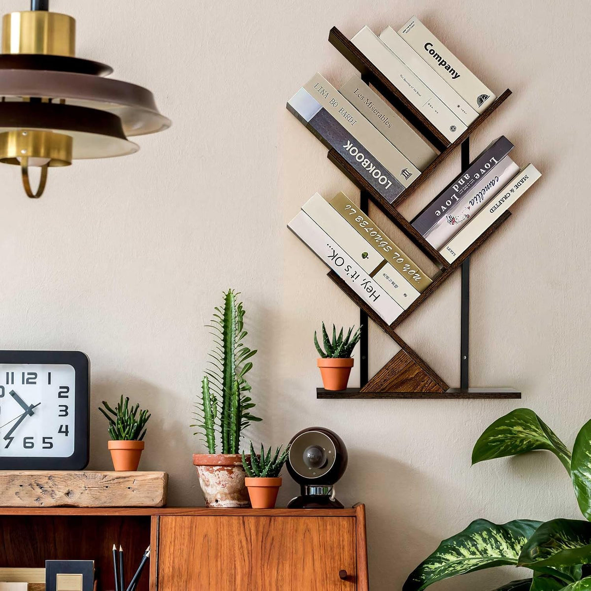 5 Tier Tree Bookshelf Floating Book Shelves for Wall Mount, Wooden Hanging Shelves Storage for Displaying Books/CDs/Magazine, Unique Wall Bookcase Organizer Shelves for Home, Office, Living Room
