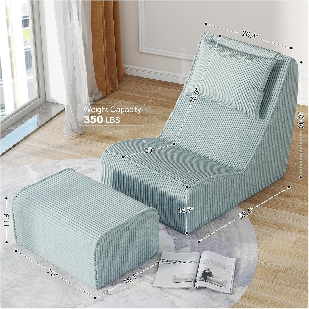 Giant Bean Bag Chair for Adults,Corduroy Chaise Lounge with Unrivaled Back Support, Detachable Neck Pillow, Comfortable Ottoman & Washable Cover for Living Room, Bedroom, Garden(Mint Green)