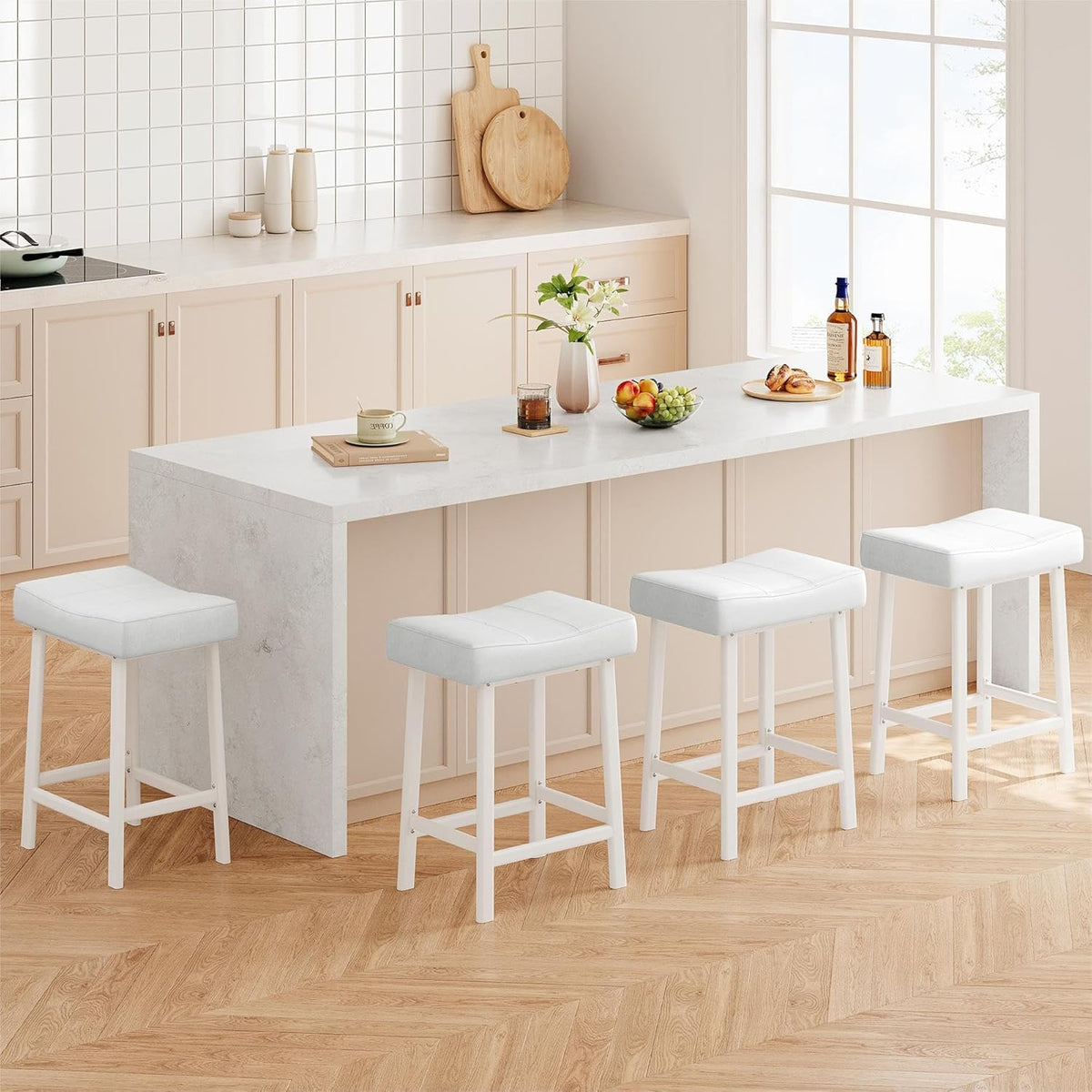 GarveeHome Counter Height Bar Stools Set of 4, 24 Inch Barstools for Kitchen Island Counter, Upholstered Padded Saddle Chairs with Cushion, Easy Assembly, White