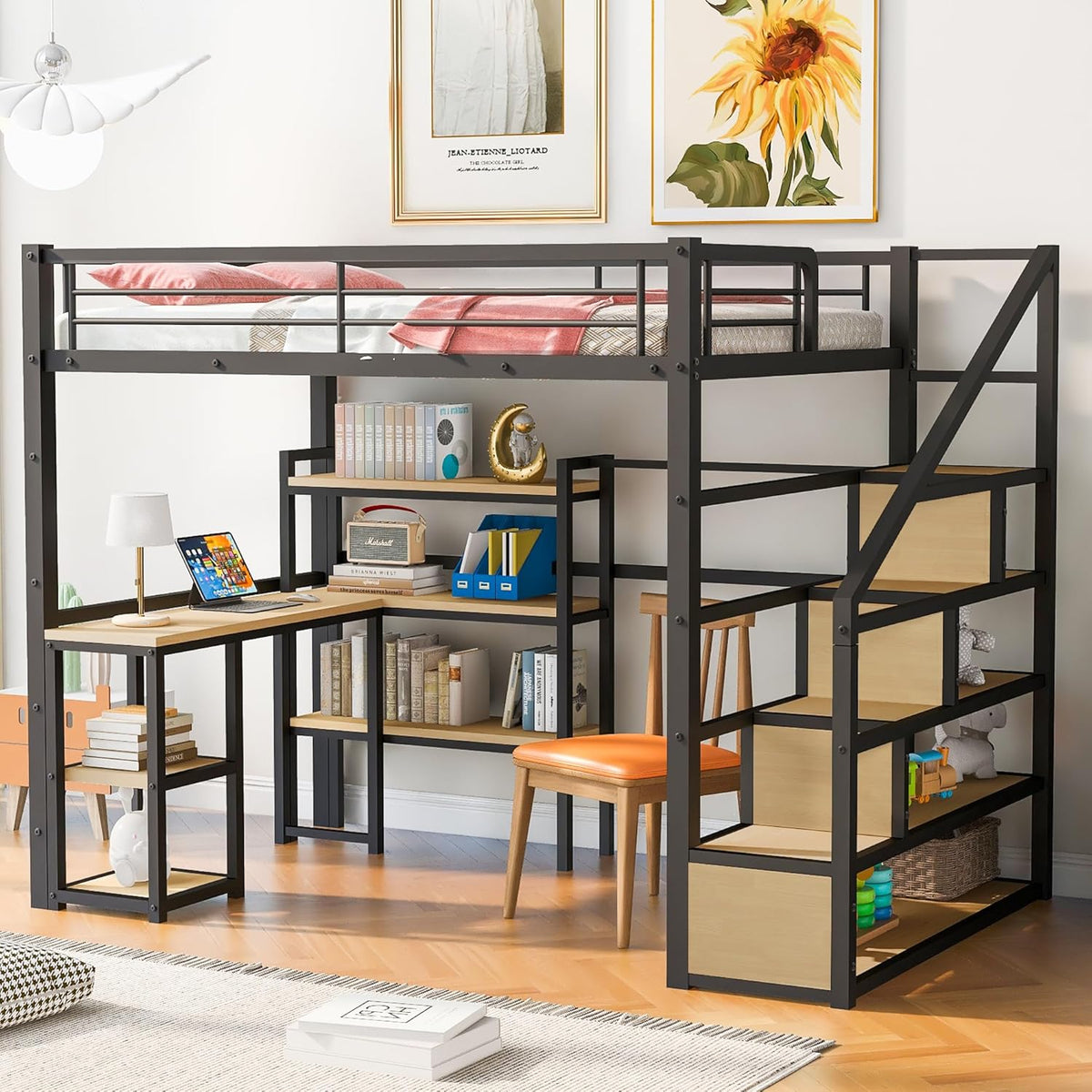 Full Size Metal Loft Bed with Staircase,Full-Length Guardrails,a Built-in Desk and a 3-Tier Shelf,No Box Spring Needed,Noise Free,for Juniors&Adults,Black
