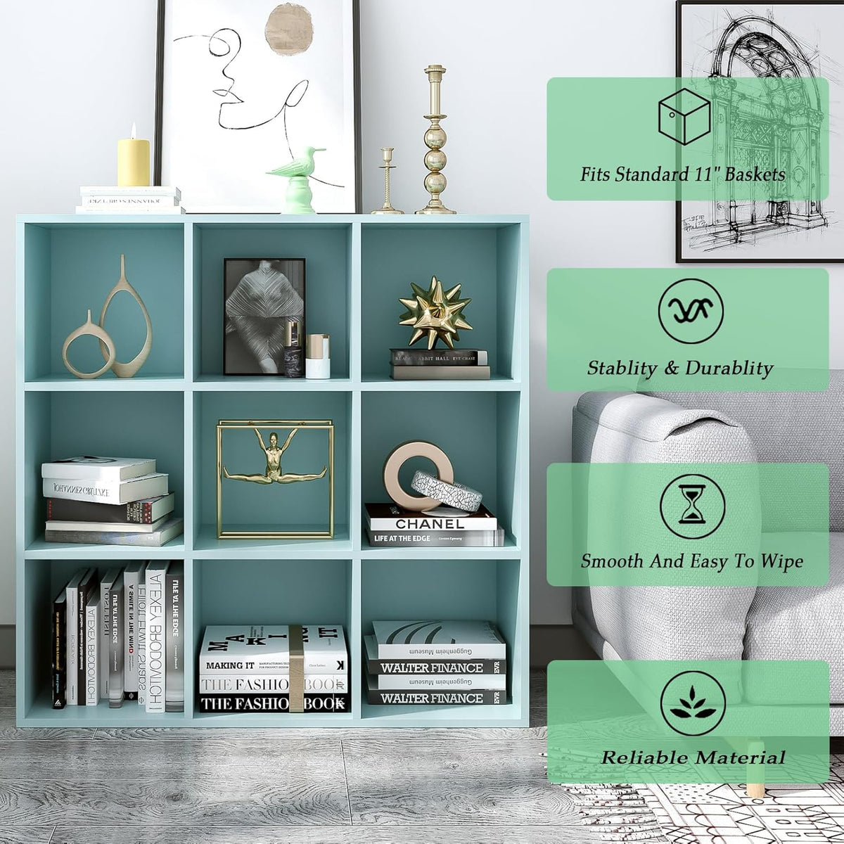9-Cube Storage Shelf Bookcase - Wooden 3-Tier Floor Standing Open Bookshelf for Home and Office, Display Cabinet, Light Blue