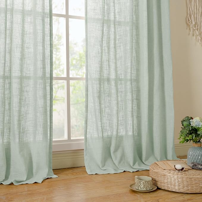 LAMIT 48 Inch Short Window Linen Curtains, Light Filtering Panels Back Tab and