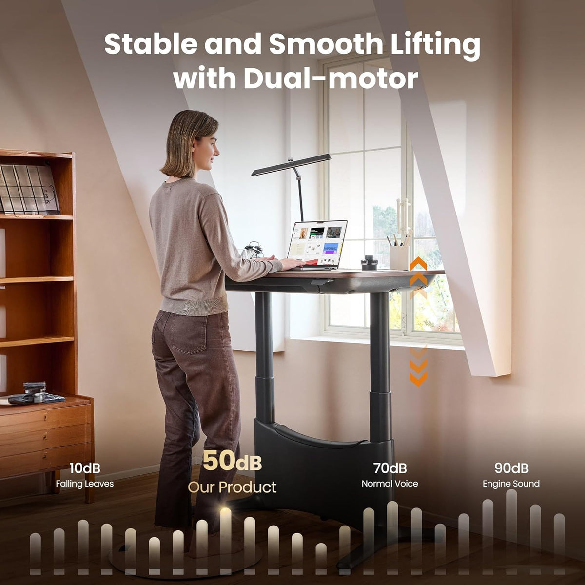 COLAMY Electric Adjustable Standing Desk – 48 x 28 Inch Sit Stand Desk with Drawer & Cable Management, Dual Motor Lift System, Ergonomic Footrest, Home Office Table (Veneer Desktop, Walnut + White)