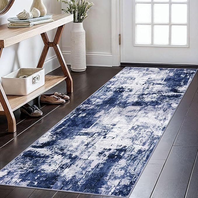KOZYFLY Modern Abstract Runner Rug 2x6 Navy Blue Runners